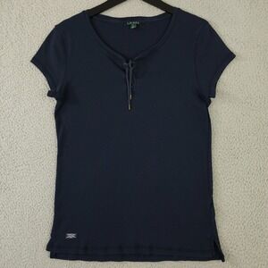 Vintage Lauren Ralph Lauren Shirt Womens XL Blue Ribbed Knit Laced Tie Neck Top